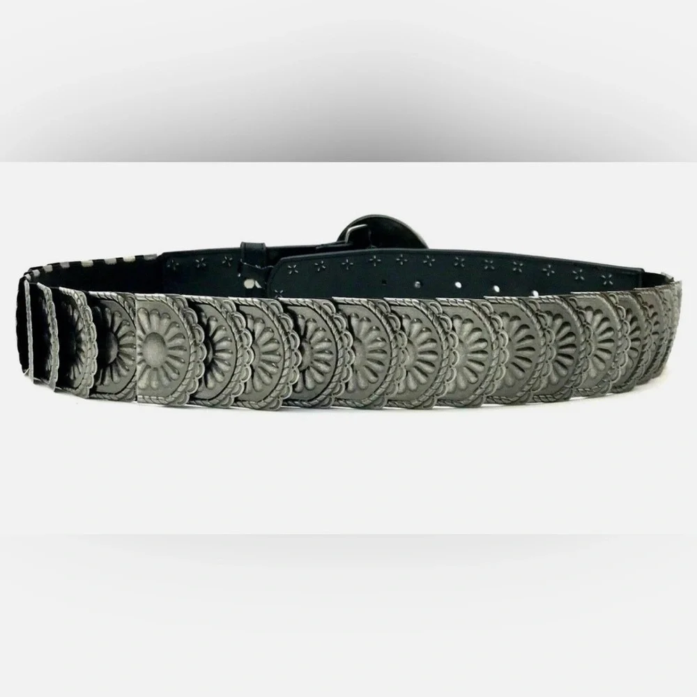 Women’s Vintage Silver Tone Coin Stretch Belt 80s Shiny Disc Metal Cincher Belt